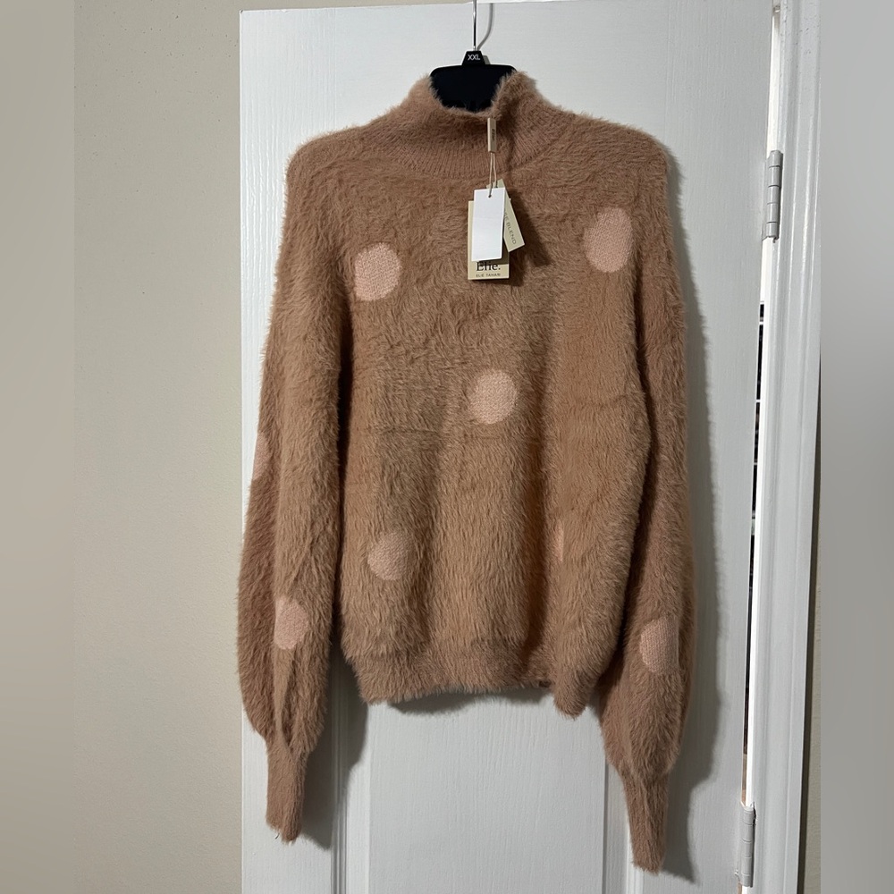 Elie Tahari Tan Fuzzy Polka Dot Turtleneck Sweater